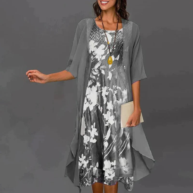 Women's floral print dress and blazer two-piece set, tailored office-to-evening chic style