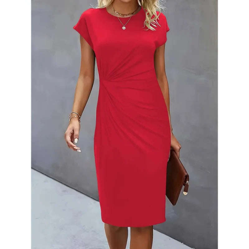 Women's midi dress tailored silhouette below-knee hem versatile office-to-evening professional style