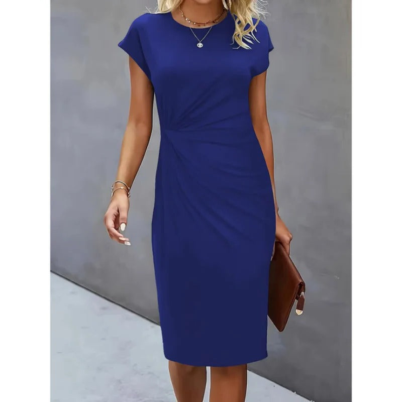 Women's midi dress tailored silhouette below-knee hem versatile office-to-evening professional style
