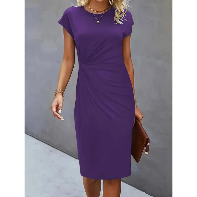Women's midi dress tailored silhouette below-knee hem versatile office-to-evening professional style