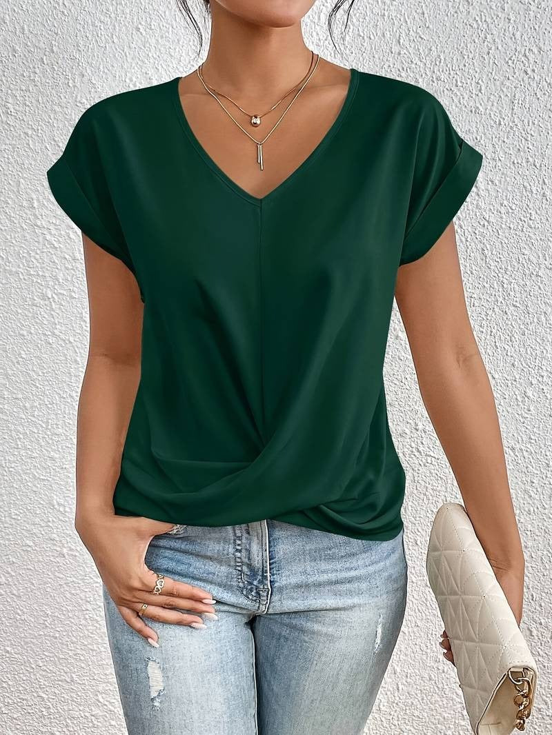 Women's lightweight relaxed-fit V-neck top with front twist detail in versatile everyday style