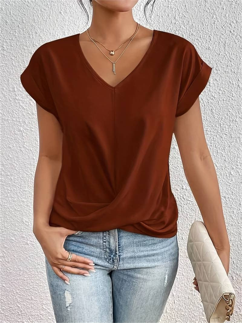 Women's lightweight relaxed-fit V-neck top with front twist detail in versatile casual style