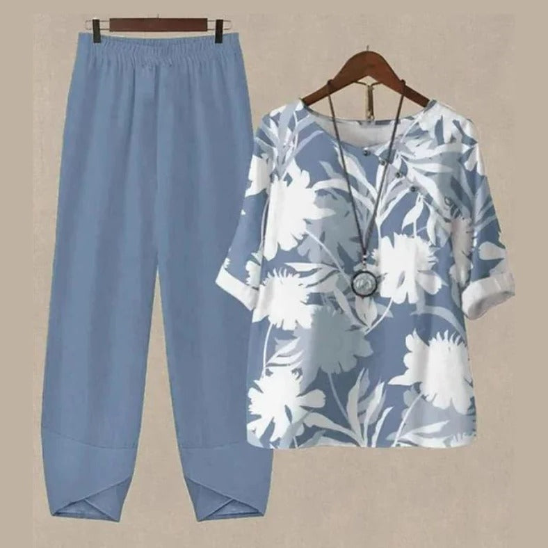 Women's two-piece casual summer set lightweight breathable matching top and bottoms relaxed fit coordinated look