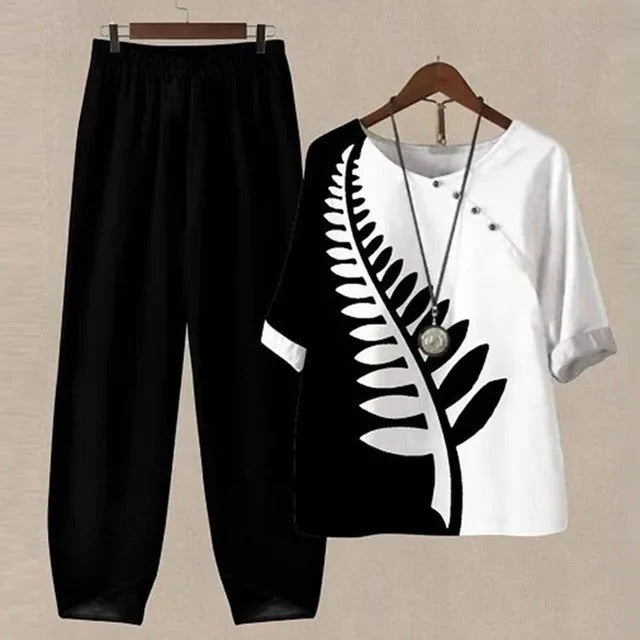 Women's two-piece summer set lightweight breathable top matching bottoms relaxed fit casual coordinated outfit