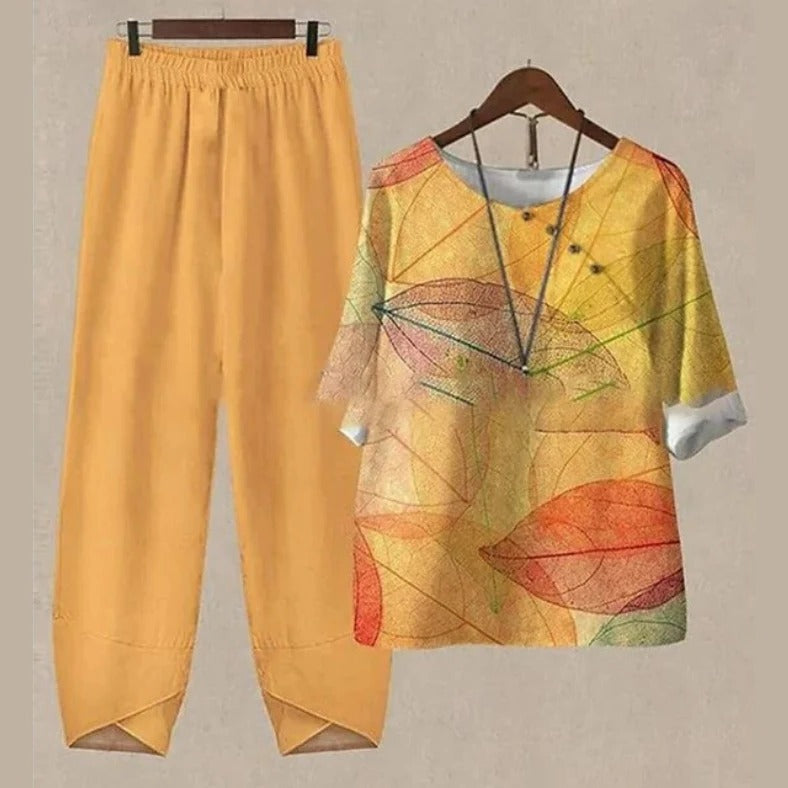 Women's two-piece casual summer set lightweight breathable matching top and bottoms relaxed fit coordinated look