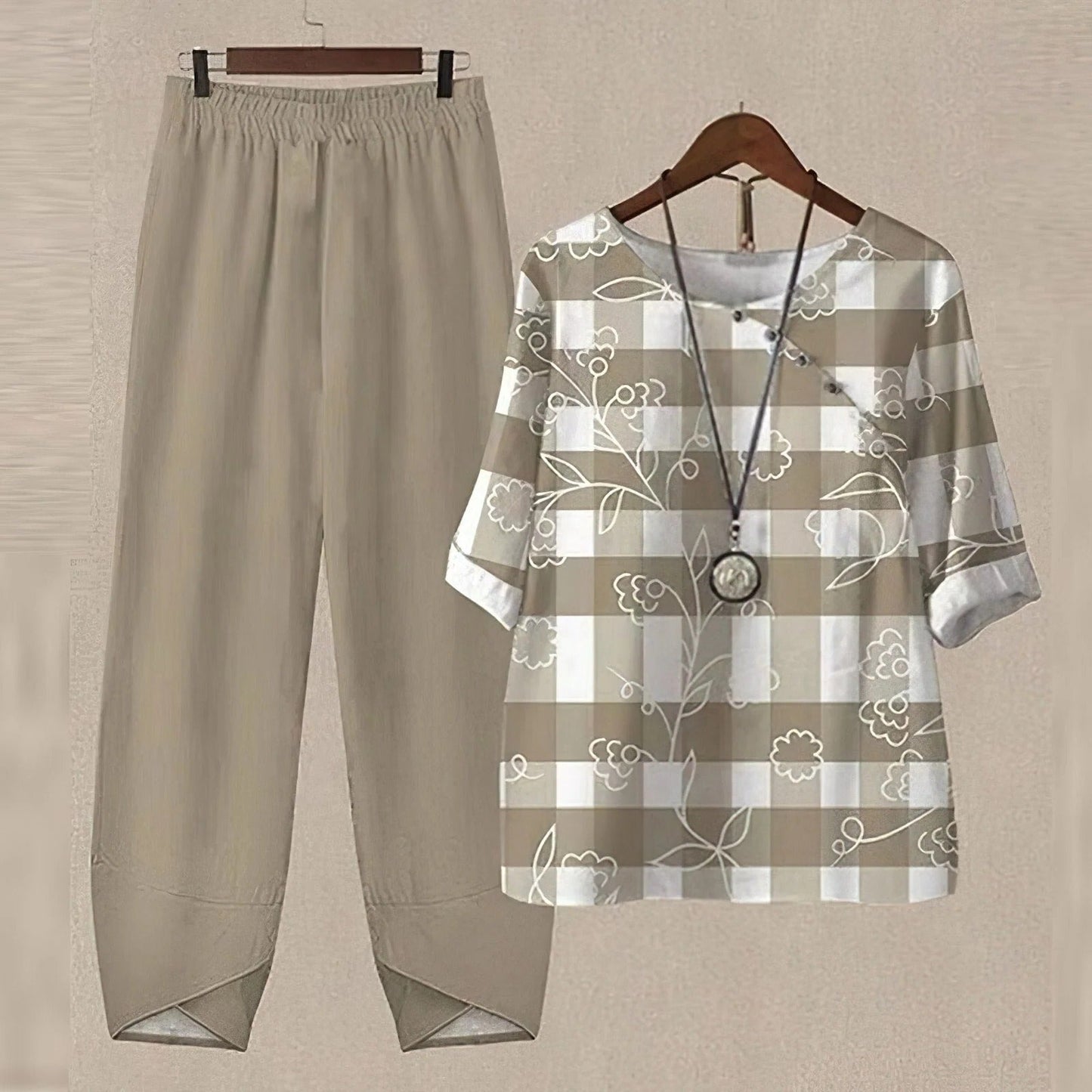 Women's two-piece summer set lightweight breathable relaxed fit coordinated top and matching bottoms casual wear