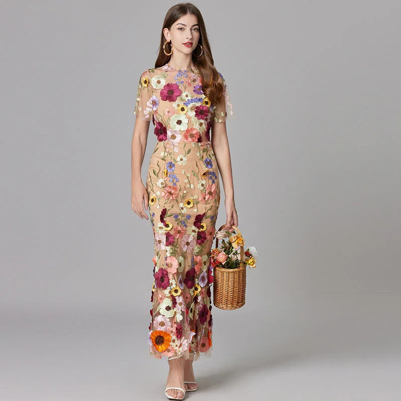 Aurelia | Women's 3D Floral Appliqué Sheer Mesh Sleeveless Maxi Dress