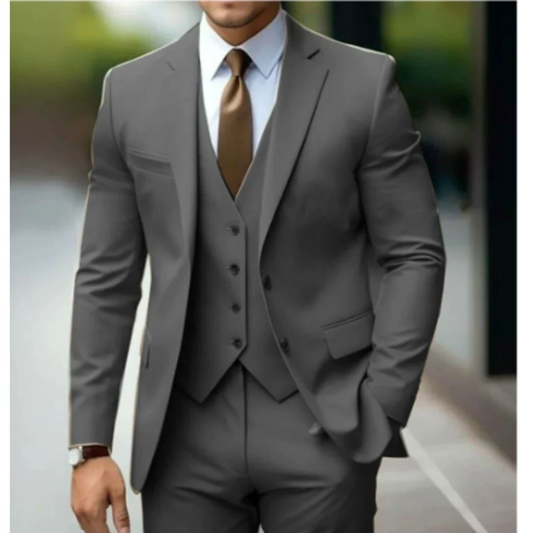 Men's charcoal tailored fit three-piece suit set with matching vest, jacket, and trousers