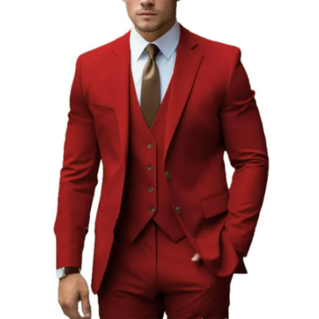 Men's charcoal tailored fit three-piece suit set with matching vest, jacket, and trousers