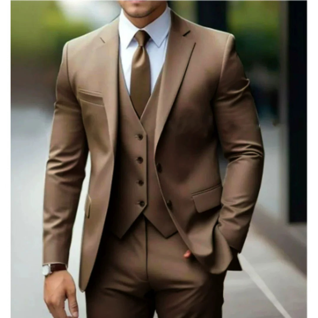 Men's charcoal tailored three-piece suit set with matching vest, slim-fit jacket and trousers