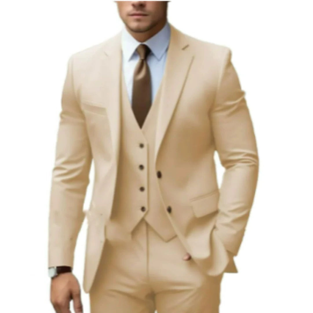Men's charcoal tailored three-piece suit set with matching vest, jacket, and trousers for formal wear