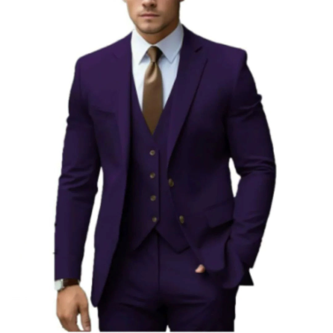 Men's charcoal tailored three-piece suit set with matching vest, jacket, and trousers for formal wear