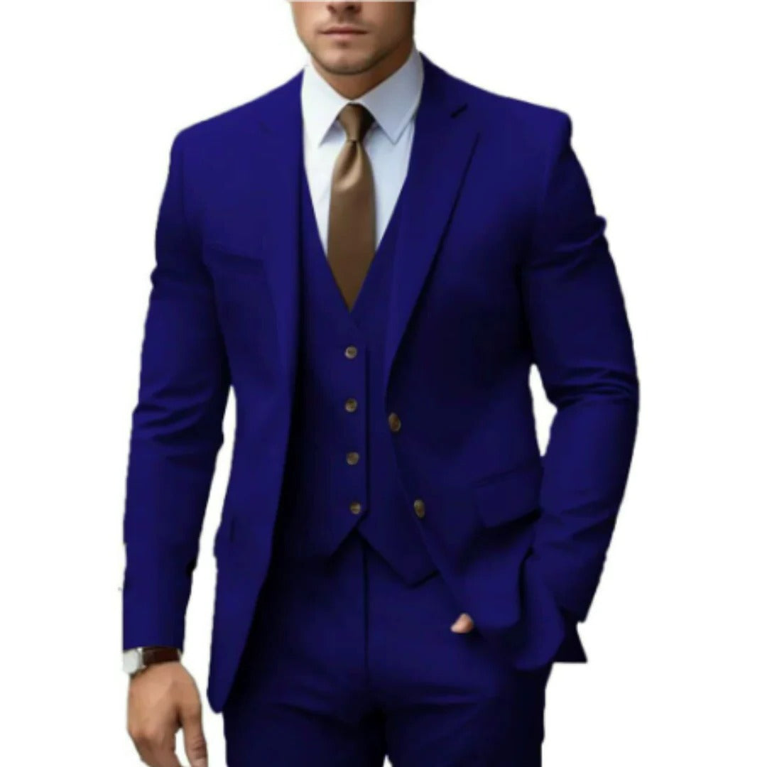 Men's charcoal tailored three-piece suit set with matching vest, jacket, and trousers for formal wear