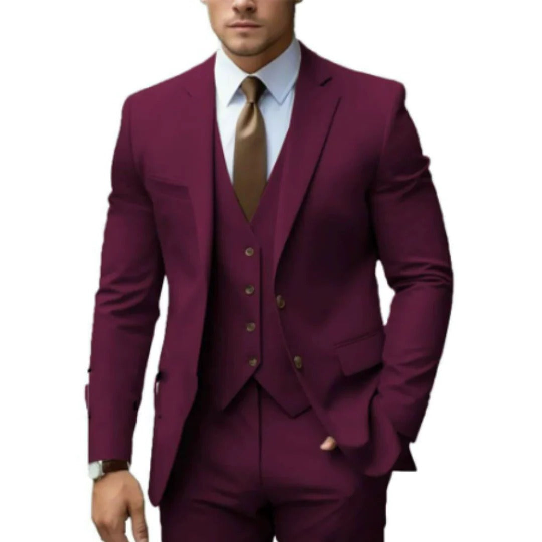 Men's charcoal tailored three-piece suit set with matching vest, jacket, and trousers for formal wear