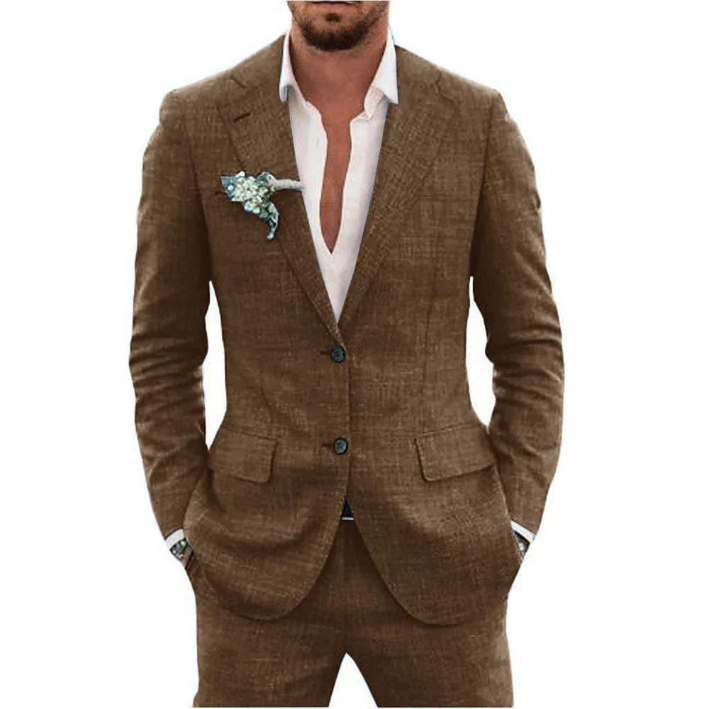 Men's lightweight two-piece summer suit breathable jacket matching trousers warm-weather formal style