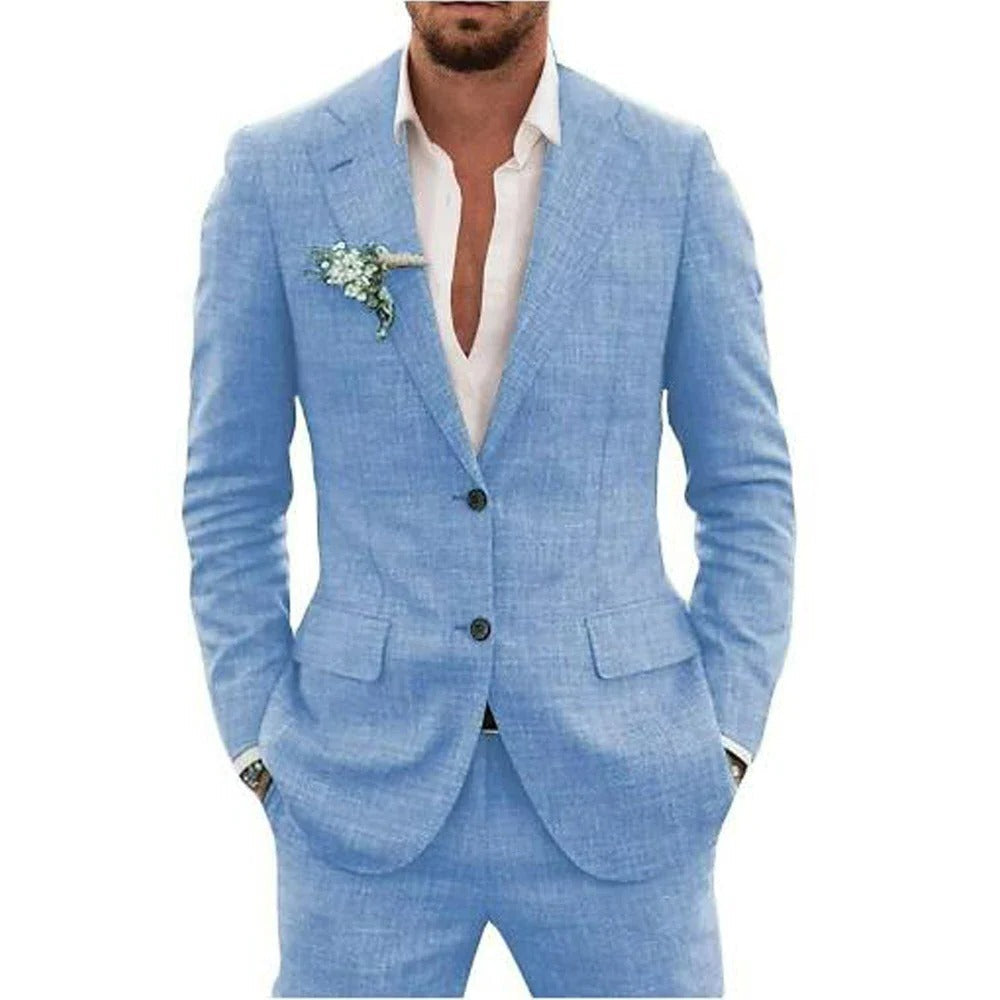 Men's light gray two-piece summer suit lightweight breathable jacket matching trousers warm-weather formal