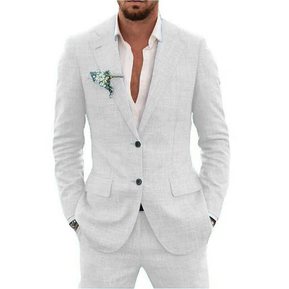 Men's lightweight two-piece summer suit breathable jacket matching trousers warm-weather formal style