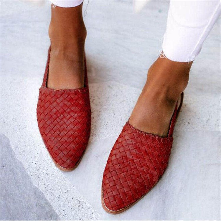 Women's closed-toe woven flats in neutral tones, structured upper flat sole for all-day work comfort
