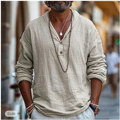 Men's linen long sleeve shirt with stand-up collar, breathable natural fabric for casual layering everyday wear
