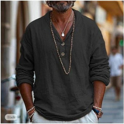 Men's linen long sleeve shirt with stand-up collar, breathable casual layering piece for everyday wear