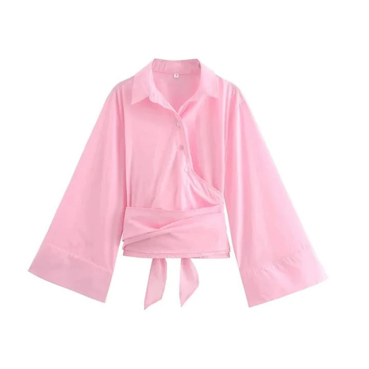 Ivory long-sleeve office blouse with wide bow belt at waist, polished silhouette for professionals