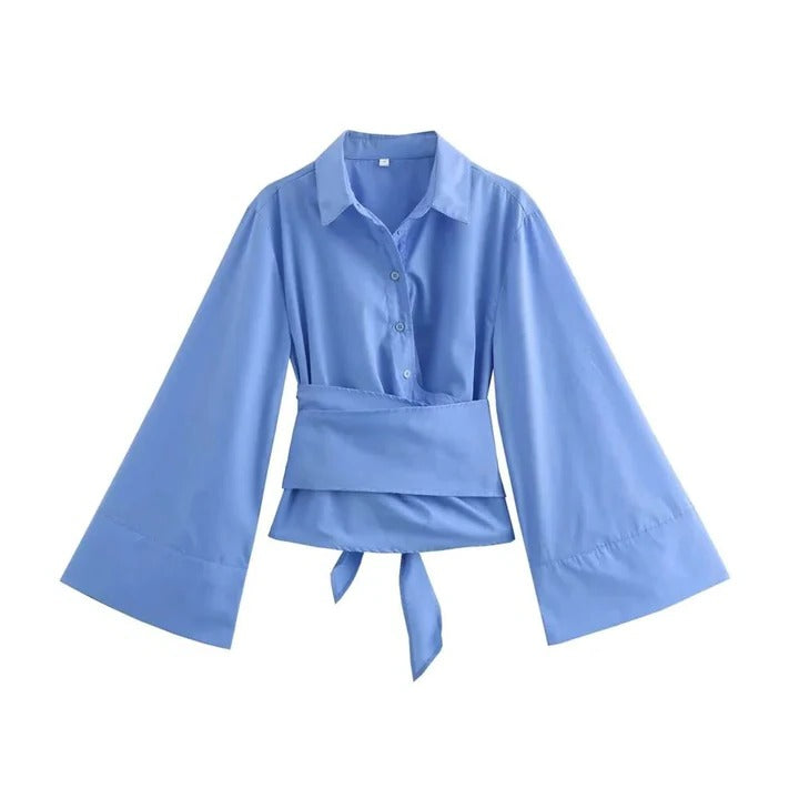 Ivory long-sleeve office blouse with wide bow belt at waist, tailored silhouette for professionals