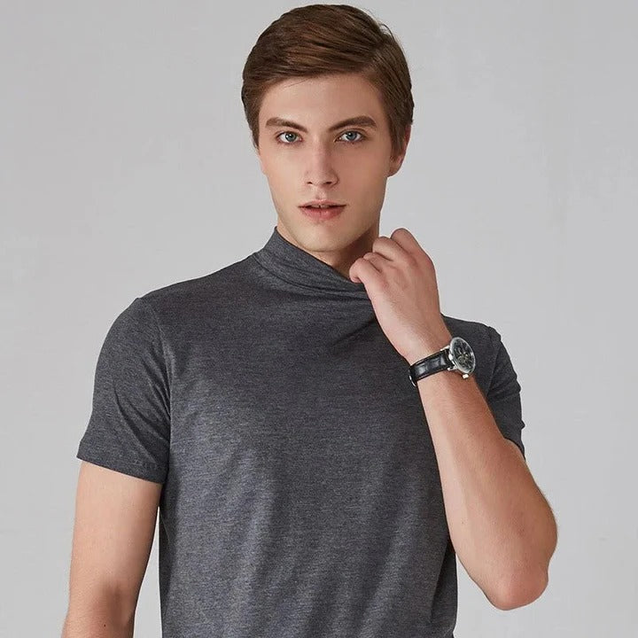 Men's black turtleneck t-shirt regular fit high collar versatile layering essential top