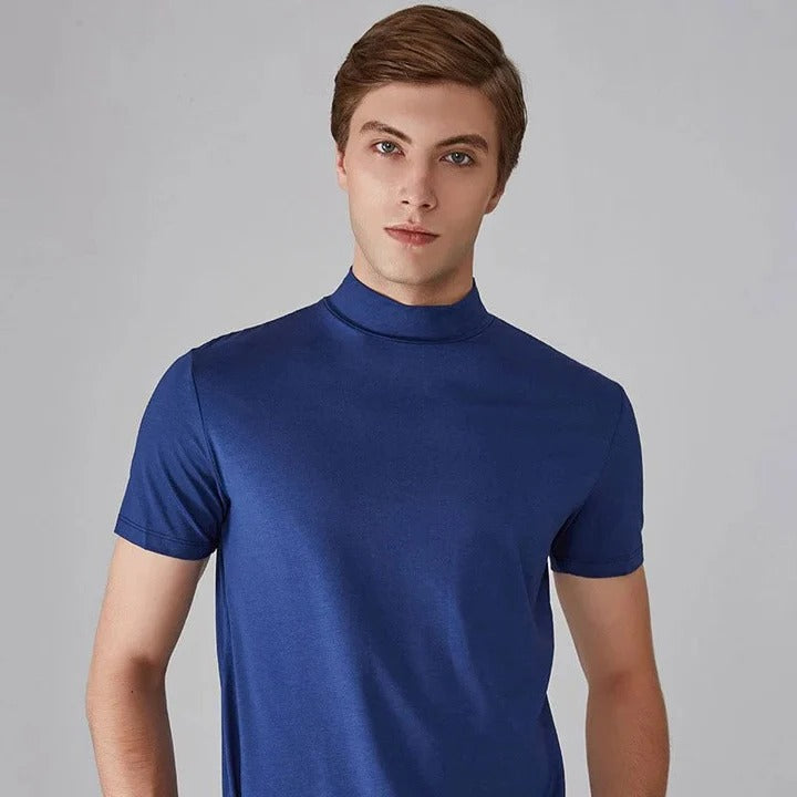 Men's black turtleneck t-shirt regular fit high collar versatile layering essential top