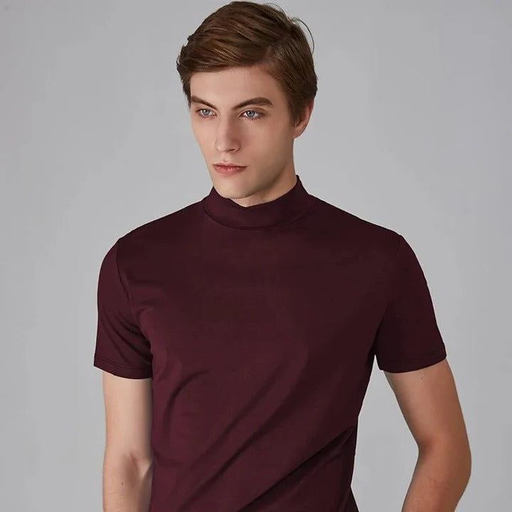 Men's black turtleneck t-shirt regular fit high collar versatile layering essential top