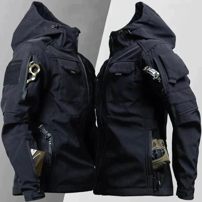 Men's wind-resistant outdoor hiking jacket with multi-pocket design and secure front zip closure