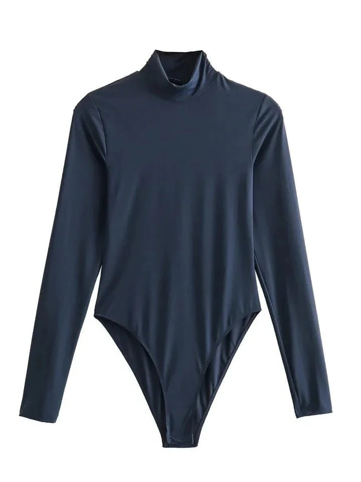 Women's fitted long sleeve turtleneck bodysuit, sleek base layer essential for structured layering