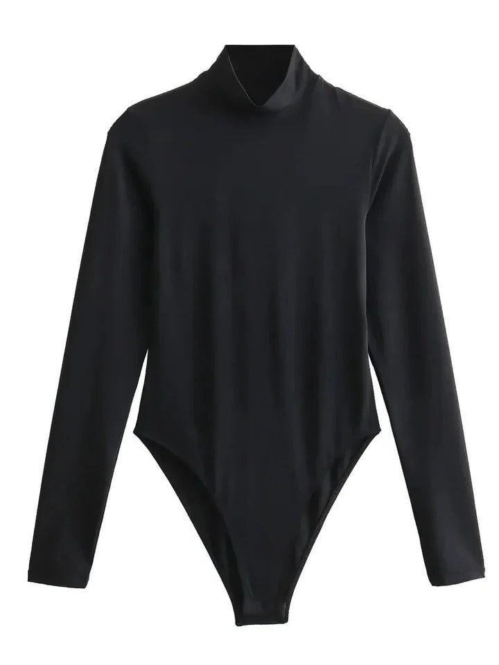 Women's fitted long-sleeve turtleneck bodysuit, sleek base layer essential for structured layering