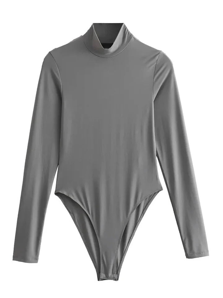 Women's fitted long-sleeve turtleneck bodysuit, sleek base layer for structured layering essentials