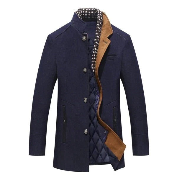 Men's structured mid-thigh coat with quilted lining, modern city fit, wind-resistant urban outerwear