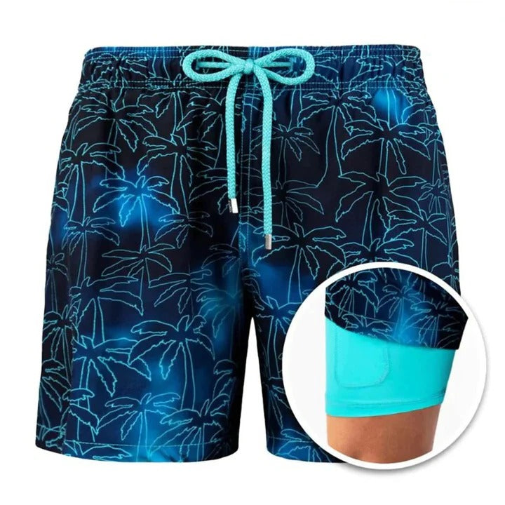 Men's tropical print swim shorts quick-dry mid-length cut with adjustable waistband
