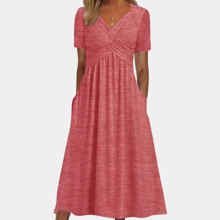 Women's knee-length casual summer dress V-neck lightweight shape-retaining silhouette warm-weather