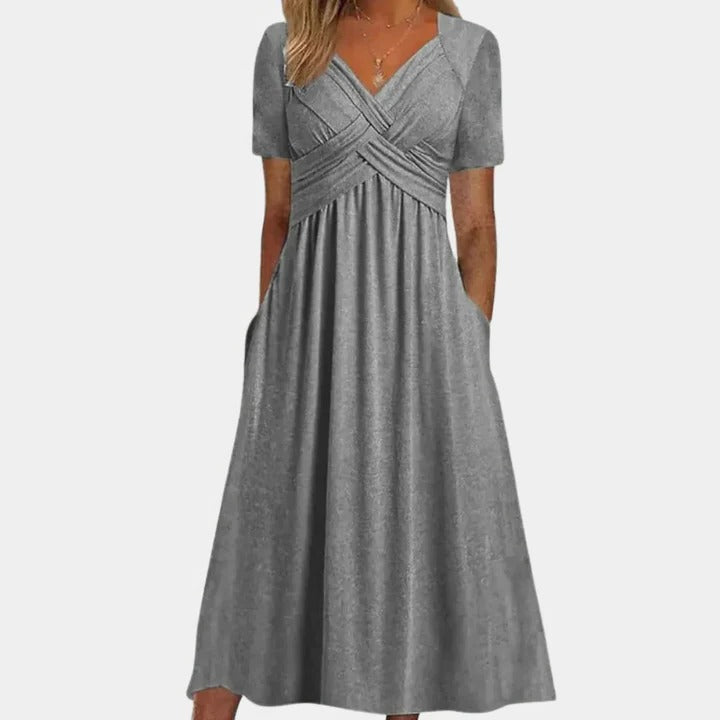Women's knee-length casual summer dress V-neck lightweight shape-retaining silhouette warm-weather style