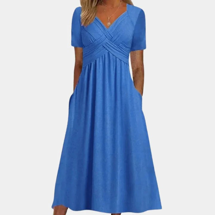 Women's knee-length casual summer dress V-neck lightweight shape-retaining silhouette warm-weather