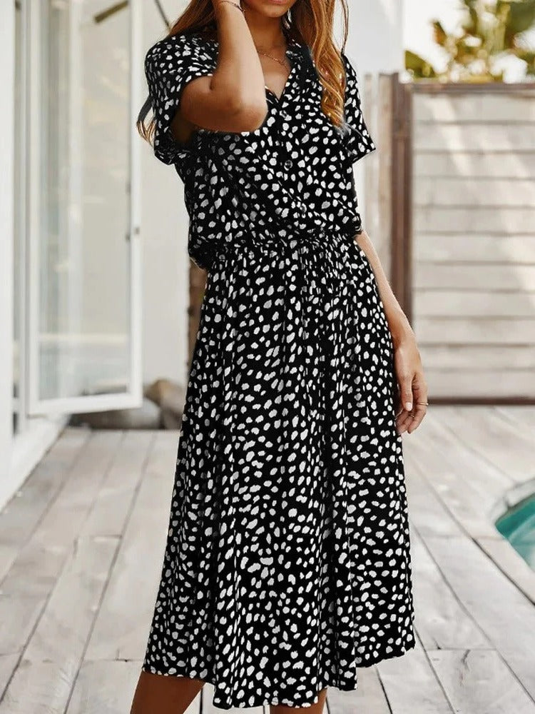 Women's midi dress short sleeves lightweight breathable summer casual solid color mid-length silhouette