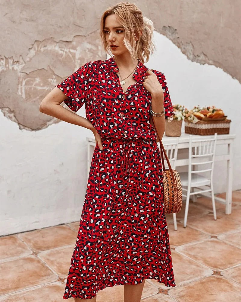 Women's midi dress short sleeves breathable lightweight summer casual mid-length silhouette effortless everyday style