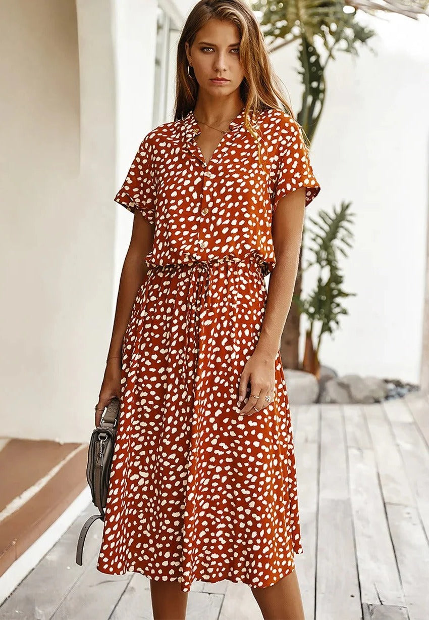 Women's midi dress short sleeves lightweight breathable summer casual mid-length silhouette effortless style