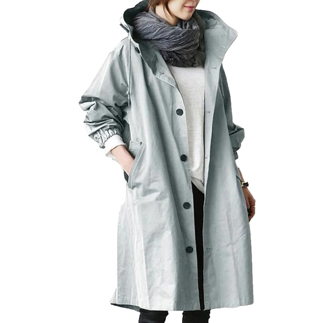 Mid-length waterproof rain jacket with hood and pockets, lightweight outdoor wet weather protection