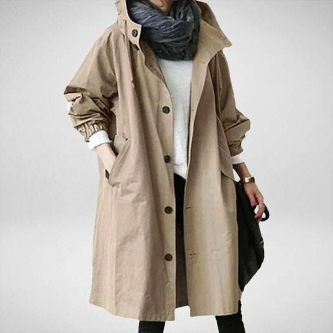 Mid-length waterproof rain jacket with hood and pockets, lightweight outdoor weather protection