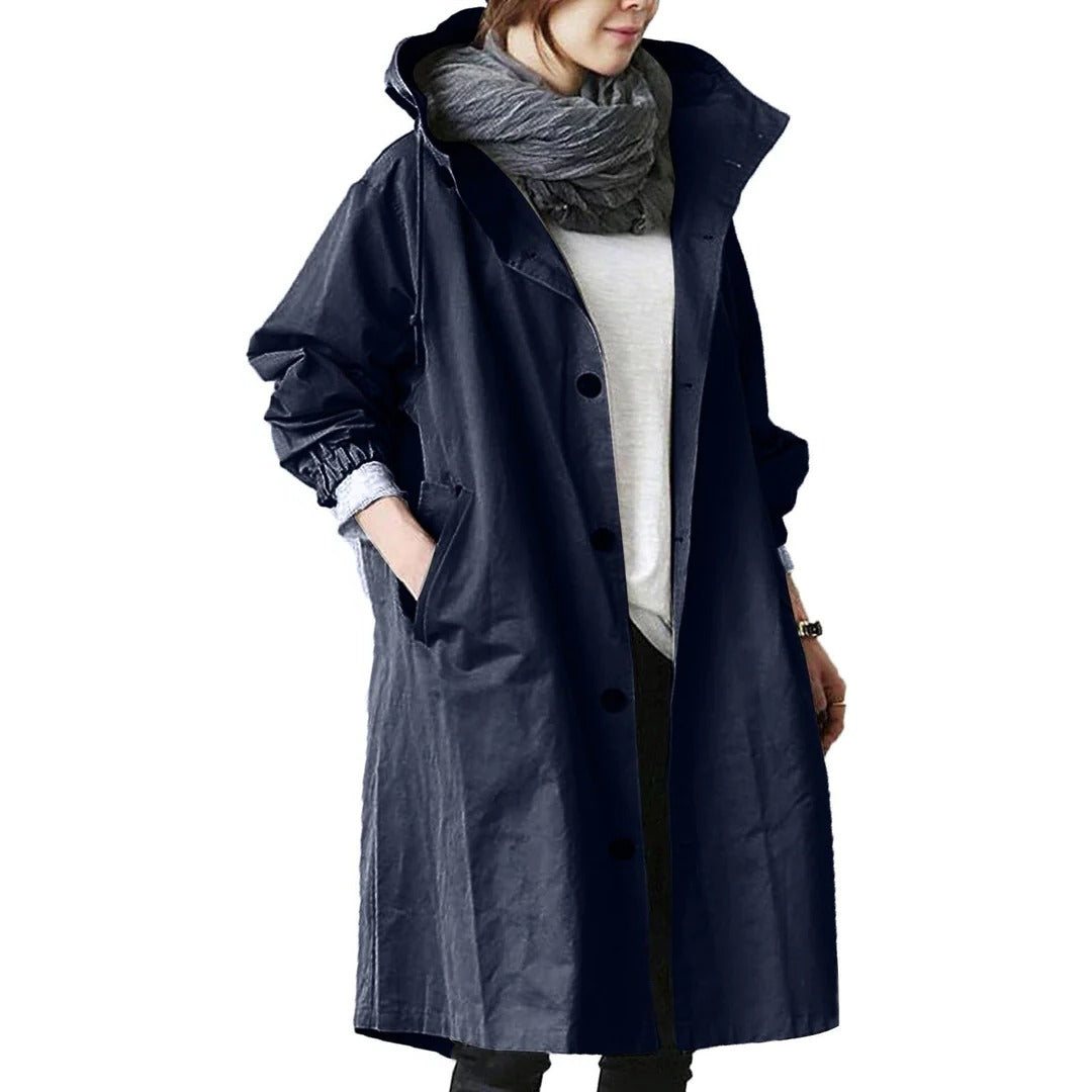 Mid-length waterproof rain jacket with hood, lightweight all-weather outdoor shell with side pockets