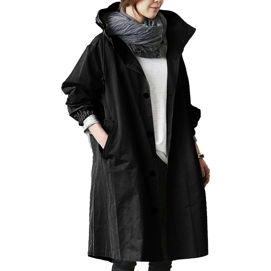 Mid-length waterproof rain jacket with hood and pockets, lightweight outdoor wear for all weather
