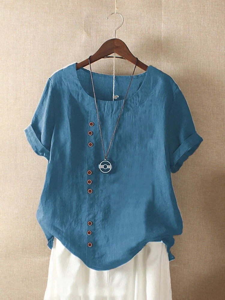 Women's relaxed-fit short sleeve blouse with rounded collar and front button details for office wear