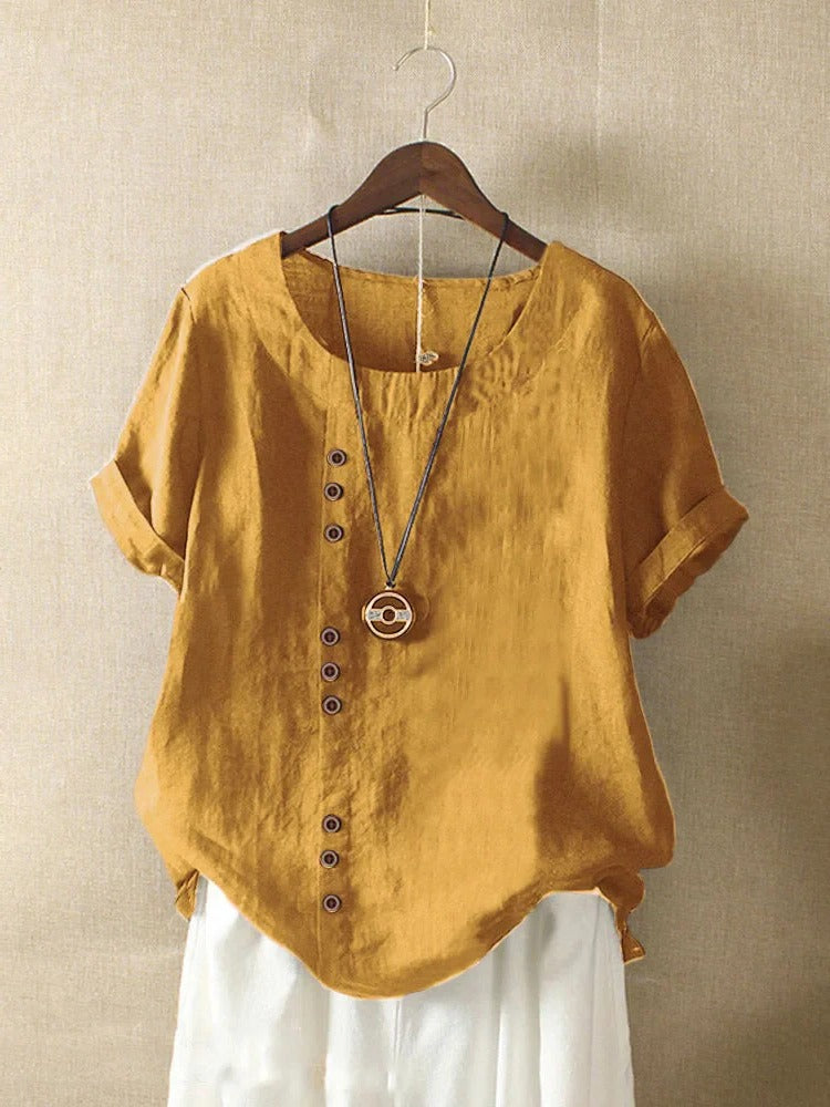 Women's relaxed-fit short sleeve blouse rounded collar button details office-ready versatile style