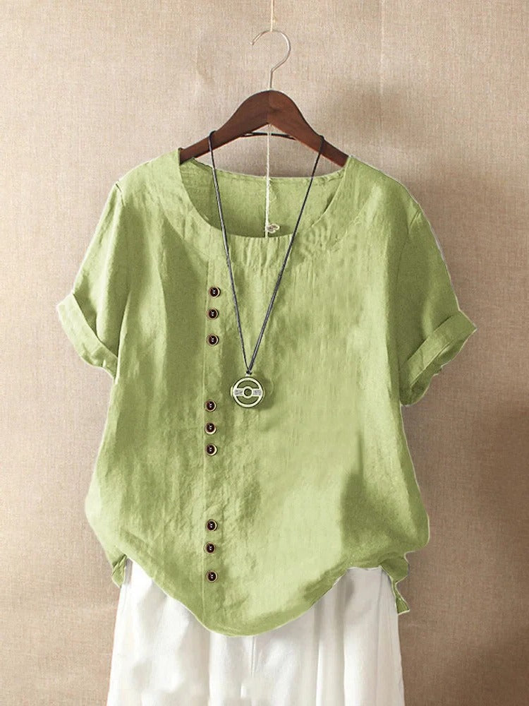 Women's relaxed-fit short sleeve blouse with rounded collar and front button details for office wear