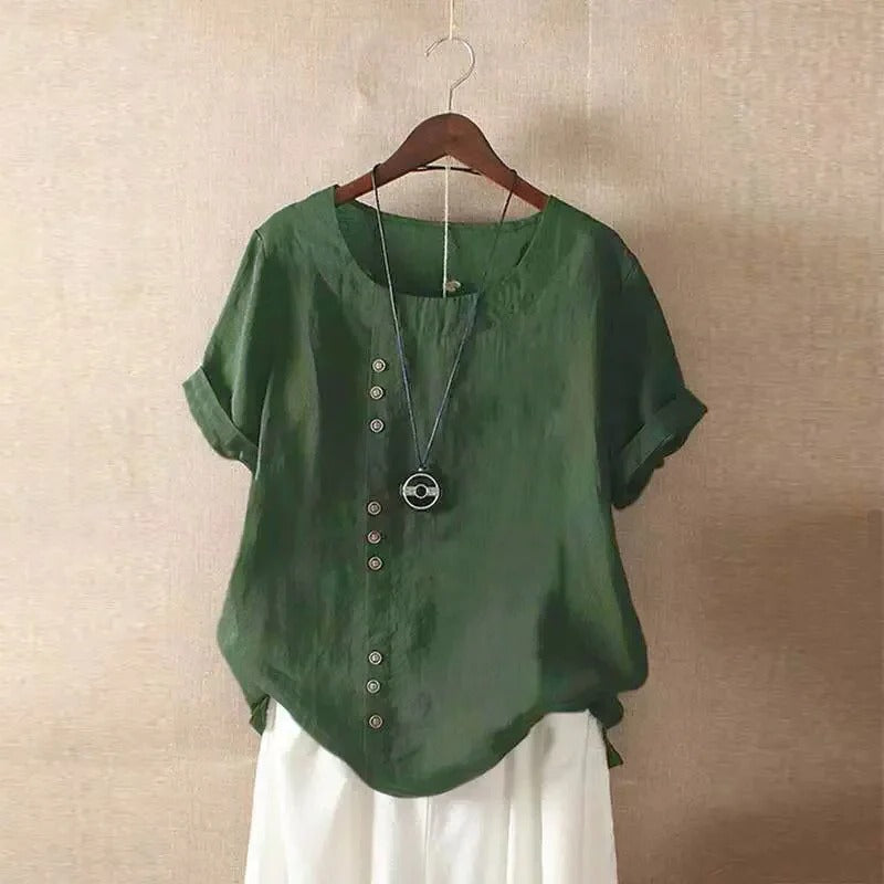 Women's relaxed-fit short sleeve blouse with rounded collar and front button details for office wear