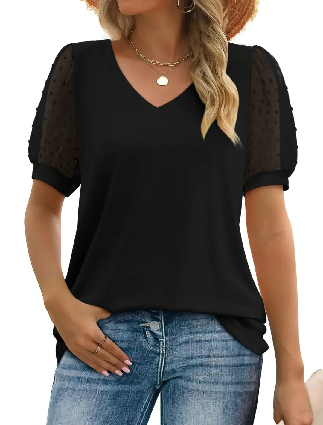 Women's lightweight relaxed fit short sleeve v-neck top in casual everyday style with flattering neckline